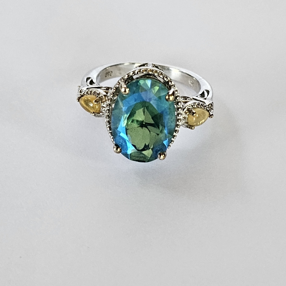 Genuine Exotic Peacock Quartz & Opal Ring in Sterling Silver Size 8